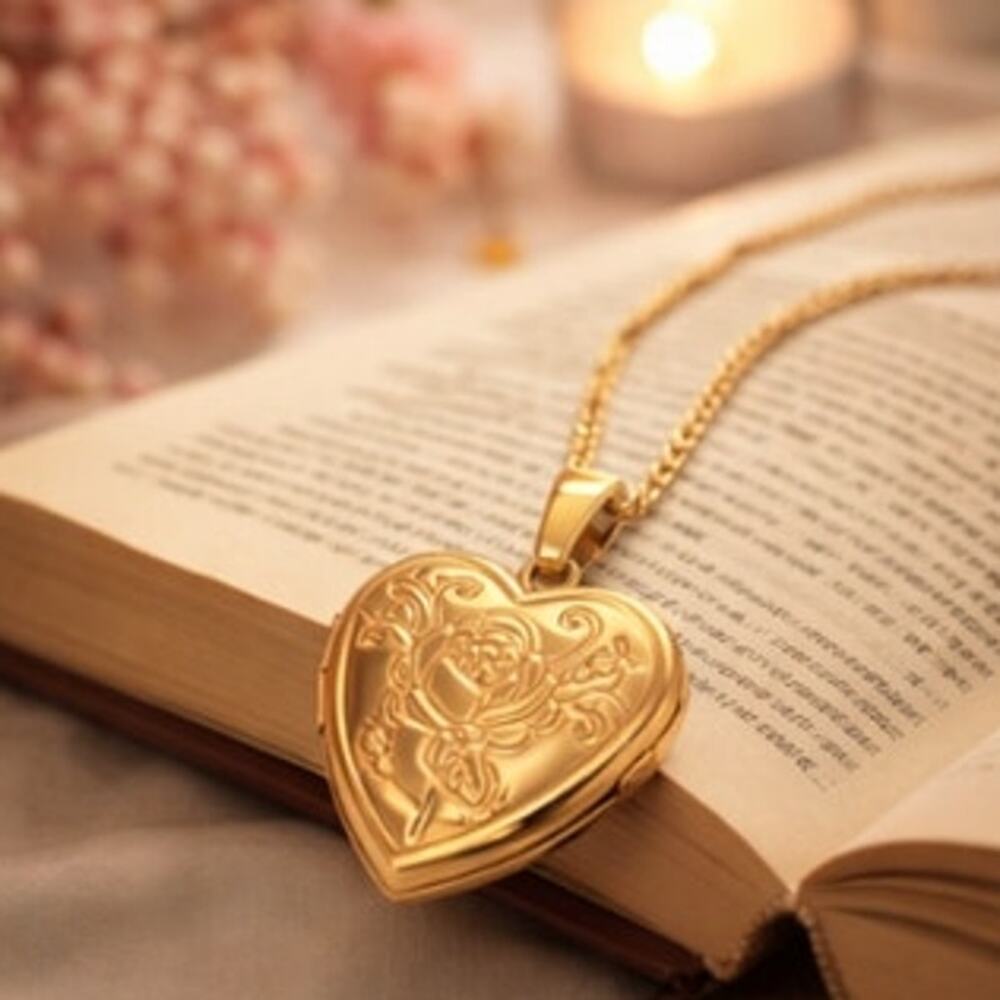Gold Heart Locket Necklace Vintage Floral Rose Valentine's Day Birthday Gift NEW